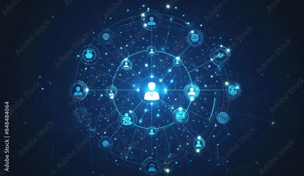 Fototapeta premium Abstract digital network with people icons on a blue background, a business technology concept Generative AI