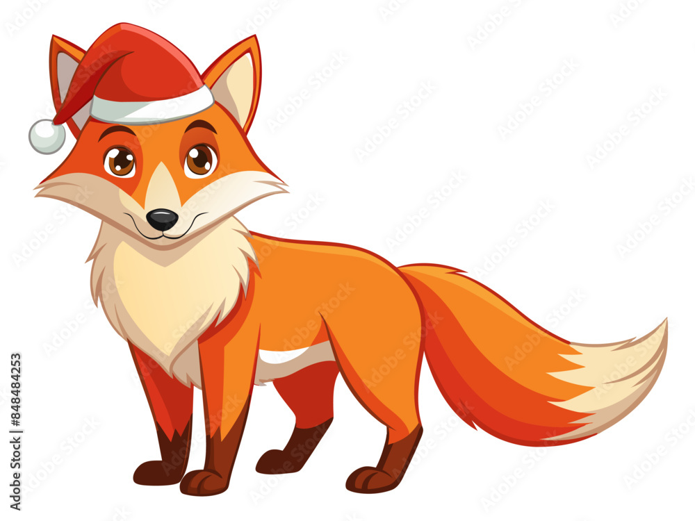 Cute fox in Christmas Santa hat isolated on white background. Adorable little fox in festive attire. Concept of holiday pets, Christmas animals, festive season. Print, logo, design element. Graphic Cute fox in Christmas Santa hat isolated on white background. Adorable little fox in festive attire. Concept of holiday pets, Christmas animals, festive season. Print, logo, design element. Graphic