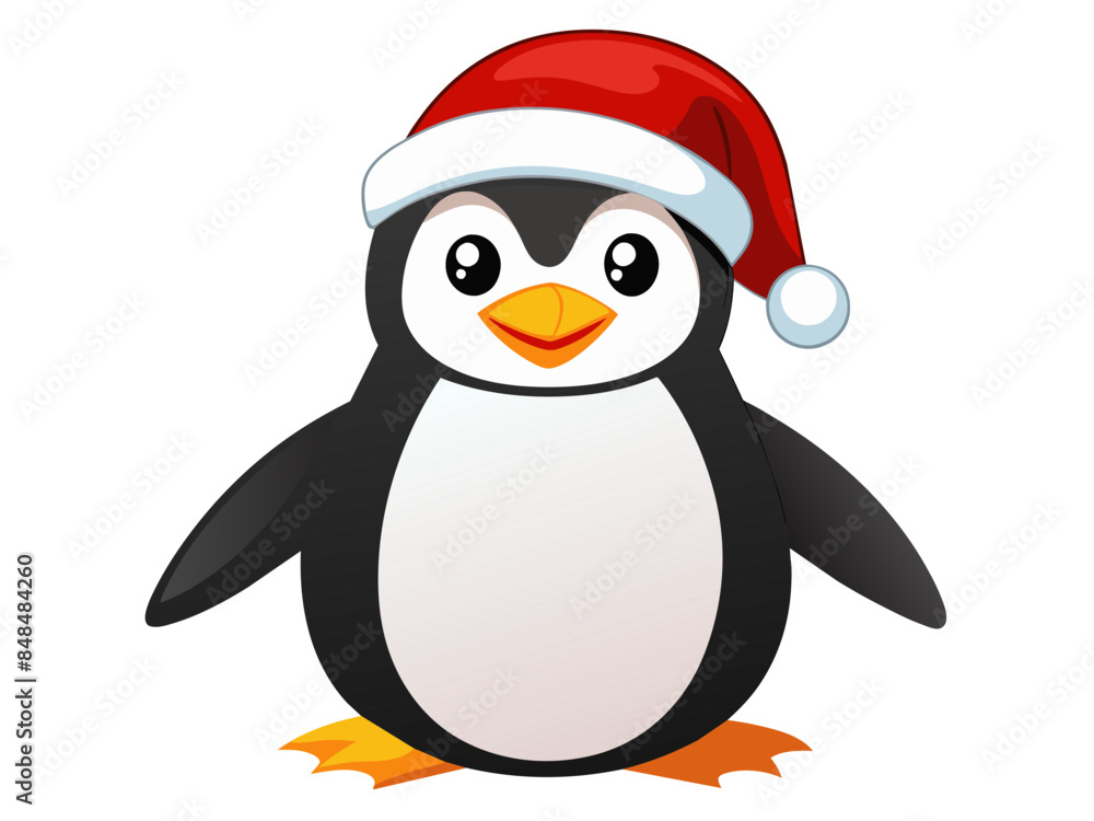 Cute penguin in Christmas Santa hat isolated on white background. Adorable little penguin in festive attire. Concept of holiday pets, Christmas animals, festive season. Print, logo, design element Cute penguin in Christmas Santa hat isolated on white background. Adorable little penguin in festive attire. Concept of holiday pets, Christmas animals, festive season. Print, logo, design element