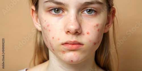 Teenage girl with acne problem on beige background, closeup, skin problem, ance scar photo