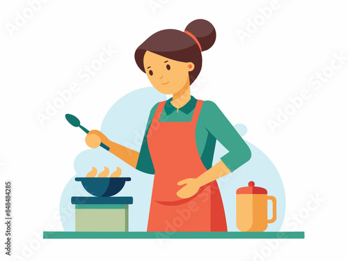 Woman cooking on a stove wearing an apron. Female chef preparing food. Concept of cooking, kitchen, and domestic activities. Graphic art. White background