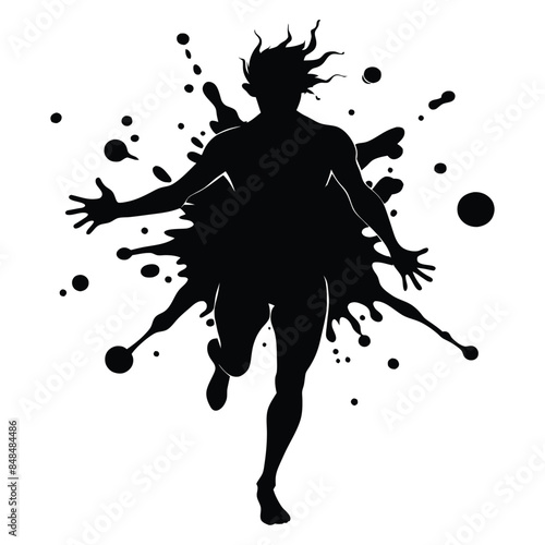 Dynamic vector silhouette of a running figure with artistic splatter background, conveying energy, motion, and creativity