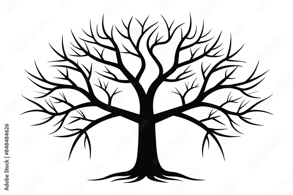 Intricate Leafless Tree Silhouette with Branches Spreading Outward, Black Vector Illustration for Nature, Design, and Art Projects Intricate Leafless Tree Silhouette with Branches Spreading Outward, Black Vector Illustration for Nature, Design, and Art Projects