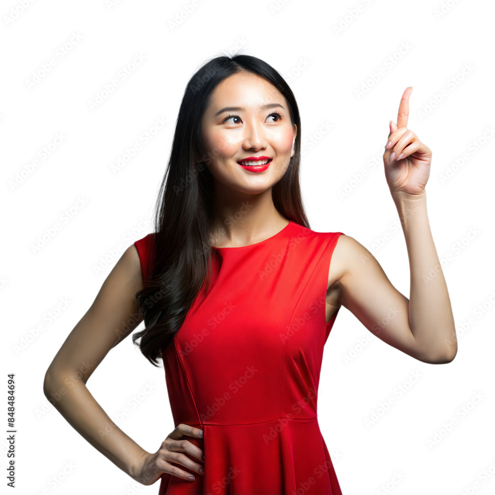 Confident woman in red dress pointing up with smile Confident woman in red dress pointing up with smile