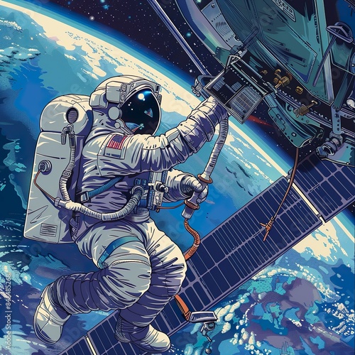 Space engineer Servicing a panel on a commucation system. Universum. Space. Shuttle.