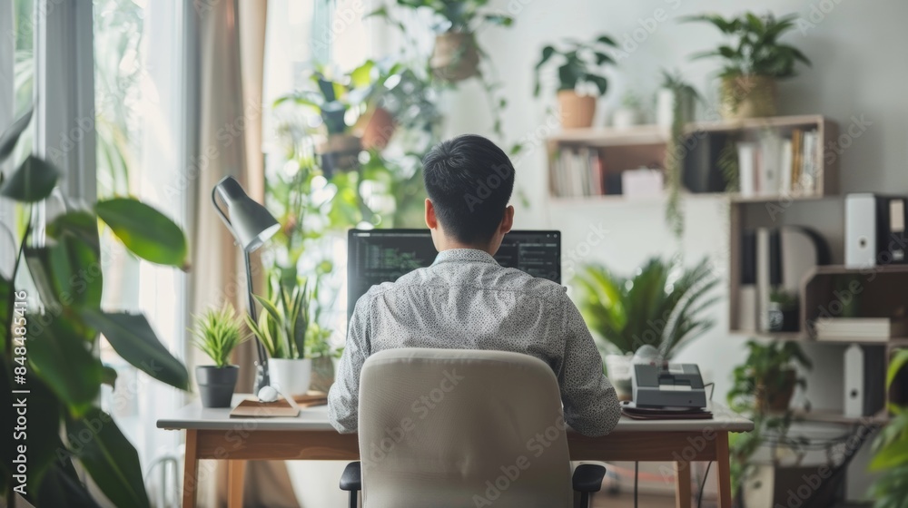 Man working at computer in modern home office surrounded by various indoor plants. space features natural light, enhancing productive and calming environment. Man working at computer in modern home office surrounded by various indoor plants. space features natural light, enhancing productive and calming environment.