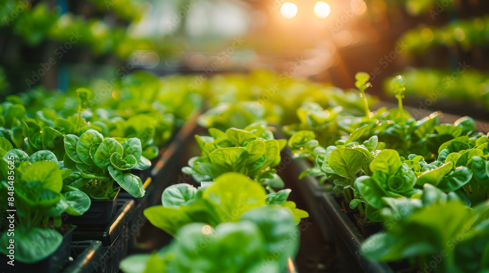 Urban Hydroponic Farm. A hydroponic farm in an urban setting showcasing rows of fresh green plants under soft lighting. This method represents a modern alternative to traditional farming. Urban Hydroponic Farm. A hydroponic farm in an urban setting showcasing rows of fresh green plants under soft lighting. This method represents a modern alternative to traditional farming.