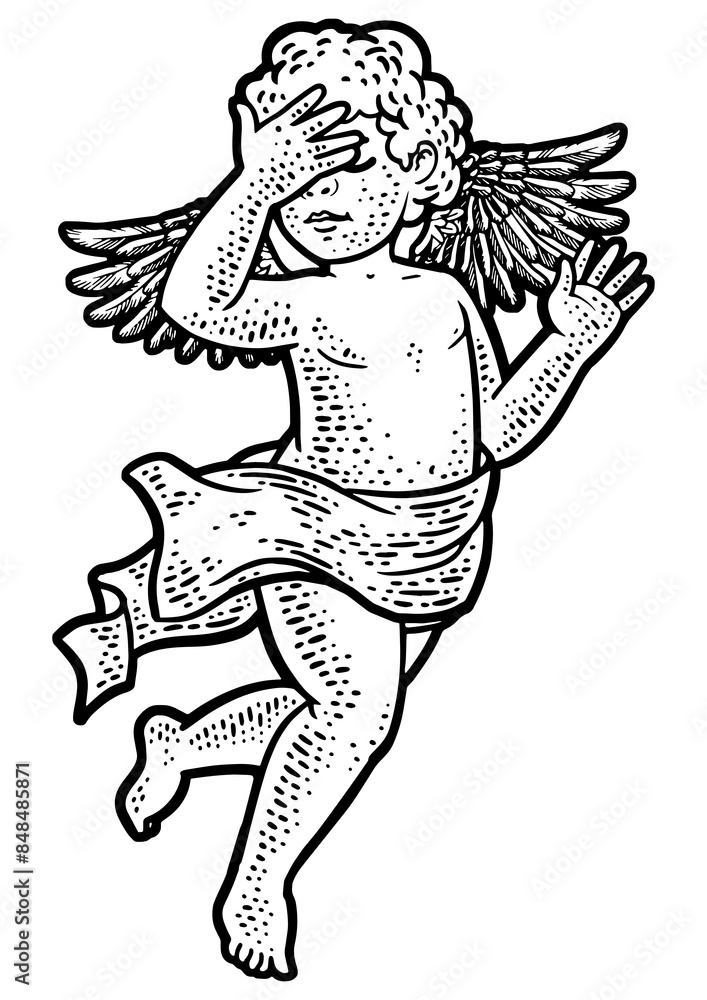 Angel cupid baby with facepalm hand gesture sketch engraving PNG illustration. T-shirt apparel print design. Scratch board imitation. Black and white hand drawn image. Angel cupid baby with facepalm hand gesture sketch engraving PNG illustration. T-shirt apparel print design. Scratch board imitation. Black and white hand drawn image.