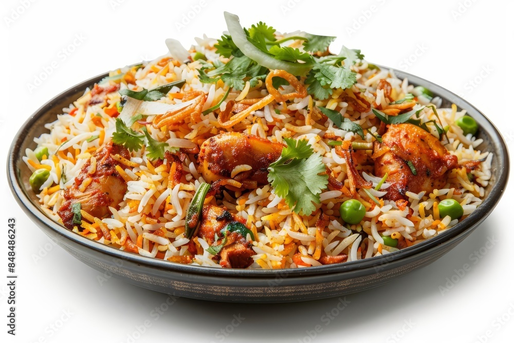 A plate of biryani featuring aromatic basmati rice, white background A plate of biryani featuring aromatic basmati rice, white background