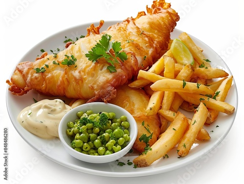 A plate of fish and chips with a side of mushy peas, white background photo