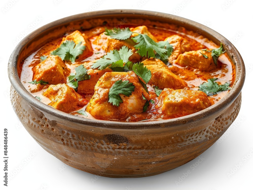 A bowl of chicken tikka masala with tender chicken pieces in a creamy, white background