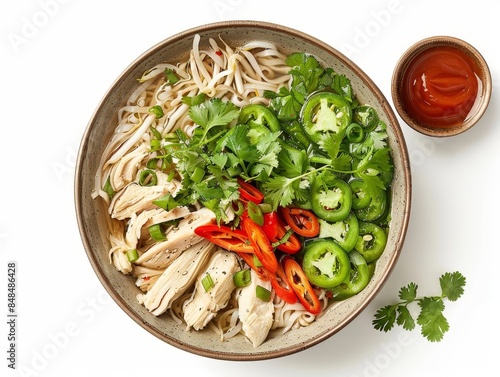 A bowl of chicken pho with rice noodles, white background