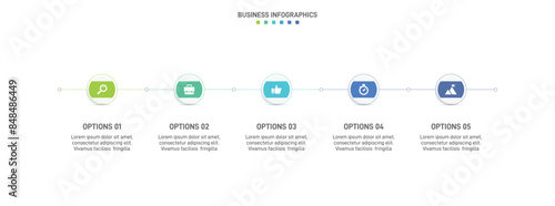 Horizontal progress bar featuring 5 arrow-shaped elements, symbolizing the five stages of business strategy and progression. Clean timeline infographic design template. Vector for presentation