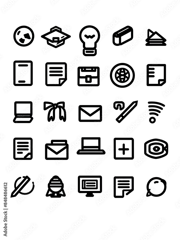 A collection of icons for various items such as a book, a laptop, a pen A collection of icons for various items such as a book, a laptop, a pen