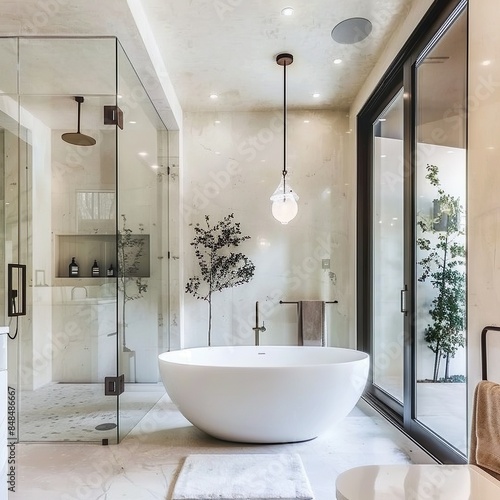 Contemporary Bathroom with an open Layout. New design of modern living. Style. Freestanding Bathtube.
