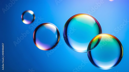 Abstract composition - large transparent soap rainbow bubbles on a bright blue background and a space for copy