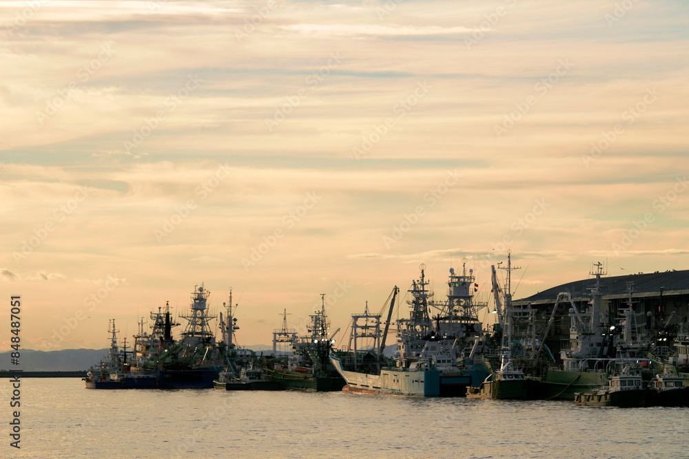 Kushiro Port at dusk with fishing vessels anchored Kushiro Port at dusk with fishing vessels anchored