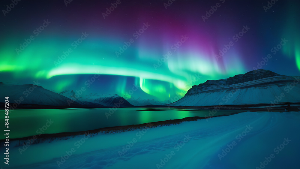 Panoramic landscape - beautiful flashes of the northern lights on a polar winter night in the far north and a space to copy