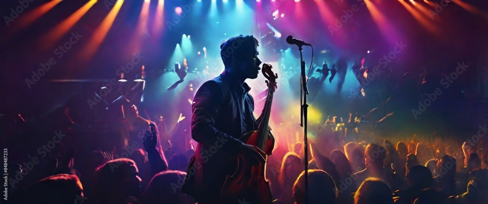The Portrait in a silhouette double exposure. The Concert, a musician, is shown with intense color contrast, their face illuminated by vibrant stage lights, and their silhouette blending into a crowd The Portrait in a silhouette double exposure. The Concert, a musician, is shown with intense color contrast, their face illuminated by vibrant stage lights, and their silhouette blending into a crowd