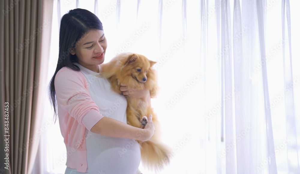 A portrait of happy Asian pregnant woman with domestic dog pet animal in bedroom at home. Having a baby. Family people lifestyle. Mom love. A portrait of happy Asian pregnant woman with domestic dog pet animal in bedroom at home. Having a baby. Family people lifestyle. Mom love.