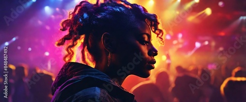 The Portrait in a silhouette double exposure. The Concert, a musician, is shown with intense color contrast, their face illuminated by vibrant stage lights, and their silhouette blending into a crowd