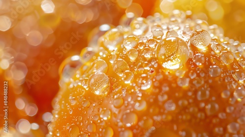 Close-up of a juicy orange with water drops on its peel, with a blurred orange background. photo