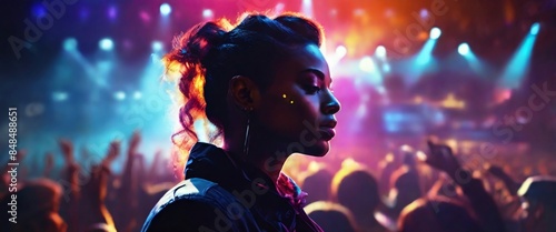 The Portrait in a silhouette double exposure. The Concert, a musician, is shown with intense color contrast, their face illuminated by vibrant stage lights, and their silhouette blending into a crowd