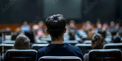 View of the audience from behind during a speaker's presentation in a conference hall. Concept Conference Hall, Speaker Presentation, Audience View, Behind-the-Scenes, Event Coverage