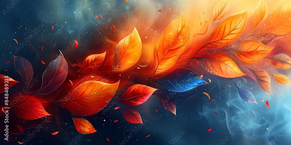Obraz premium Abstract image of glowing autumn leaves on a dark blue background with a dreamy, ethereal atmosphere.