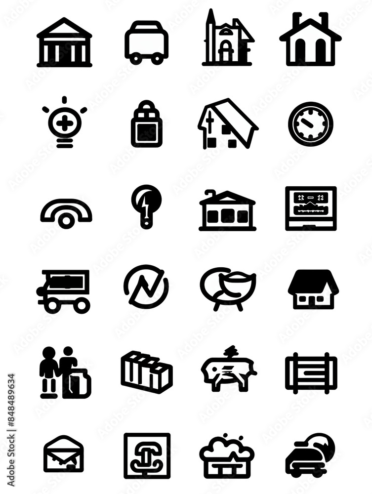 A collection of black and white icons including a hand, a clock, a building A collection of black and white icons including a hand, a clock, a building