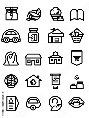 A collection of black and white icons including a hand, a clock, a building