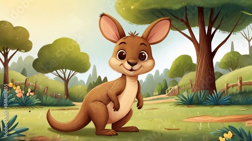 cartoon illustration of cute kangaroo in the forest