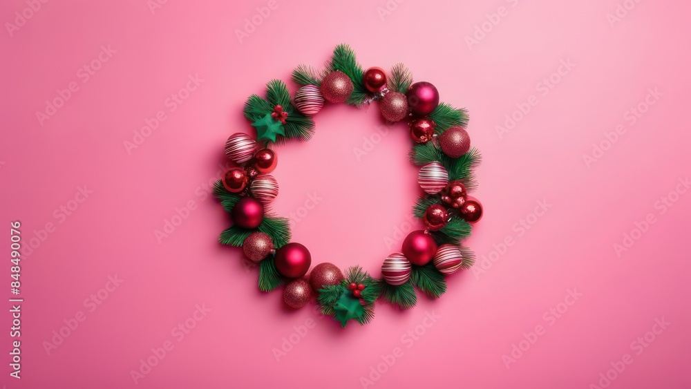 Obraz premium Christmas holiday composition. Festive creative pattern in shape of circle free space for an inscription, christmas colorful decor, festive balls and snowflakes on pink background. Flat lay, top view
