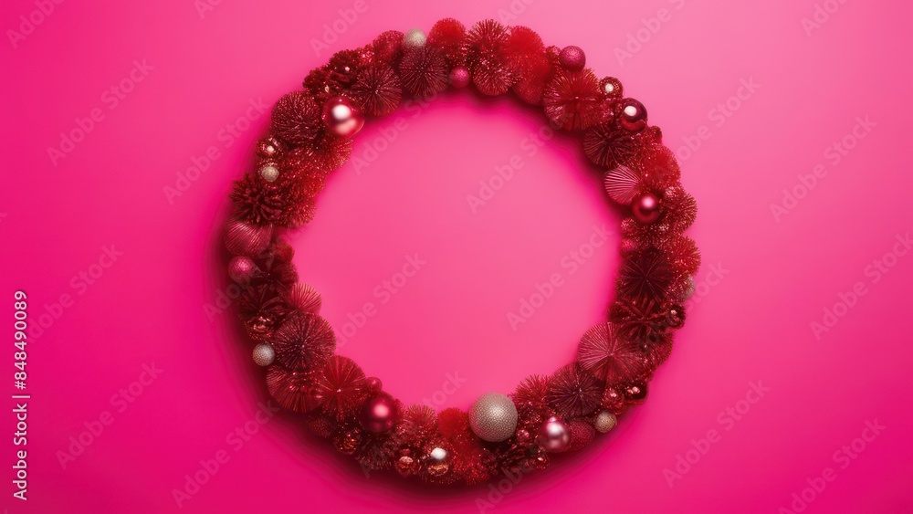 Obraz premium Christmas holiday composition. Festive creative pattern in shape of circle free space for an inscription, christmas colorful decor, festive balls and snowflakes on pink background. Flat lay, top view