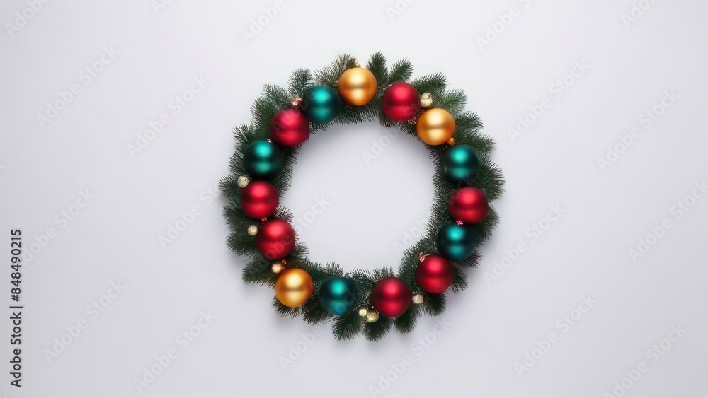 Christmas holiday composition. Festive creative pattern in shape of circle free space for an inscription, christmas colorful decor, festive balls and snowflakes on white background. Flat lay, top view Christmas holiday composition. Festive creative pattern in shape of circle free space for an inscription, christmas colorful decor, festive balls and snowflakes on white background. Flat lay, top view