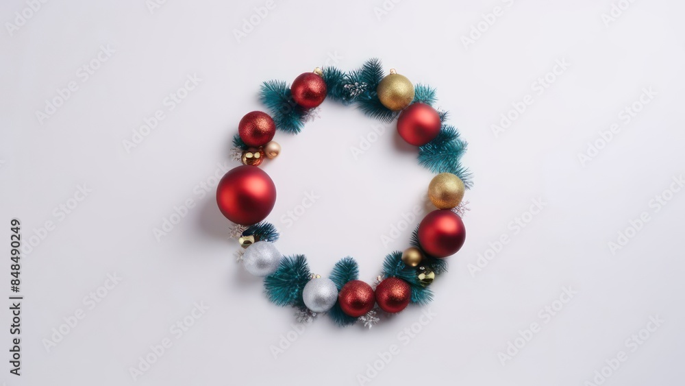 Christmas holiday composition. Festive creative pattern in shape of circle free space for an inscription, christmas colorful decor, festive balls and snowflakes on white background. Flat lay, top view Christmas holiday composition. Festive creative pattern in shape of circle free space for an inscription, christmas colorful decor, festive balls and snowflakes on white background. Flat lay, top view