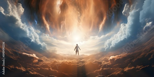 Ascension of Jesus in a Bright Sky Depiction of the Second Coming. Concept Religious Art, Christian Symbolism, Jesus' Ascension, Second Coming Prophecy, Bright Sky Illustration photo