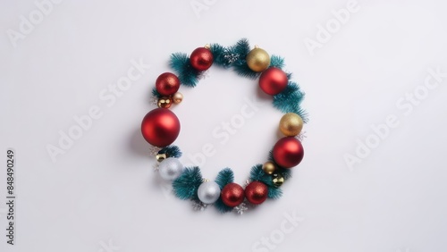 Christmas holiday composition. Festive creative pattern in shape of circle free space for an inscription, christmas colorful decor, festive balls and snowflakes on white background. Flat lay, top view
