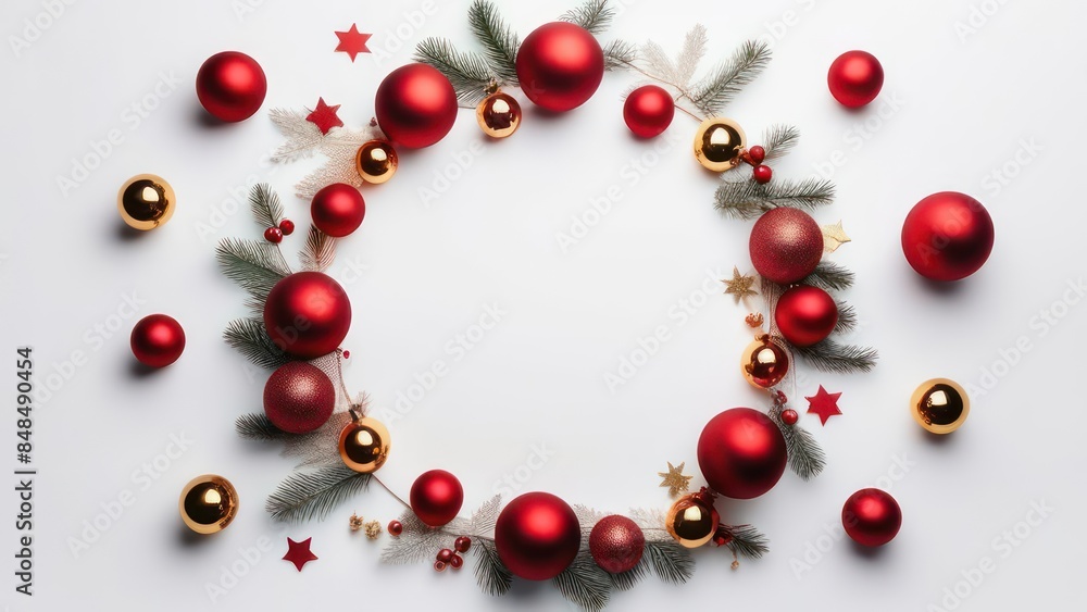 Christmas holiday composition. Festive creative pattern in shape of circle free space for an inscription, christmas colorful decor, festive balls and snowflakes on white background. Flat lay, top view Christmas holiday composition. Festive creative pattern in shape of circle free space for an inscription, christmas colorful decor, festive balls and snowflakes on white background. Flat lay, top view