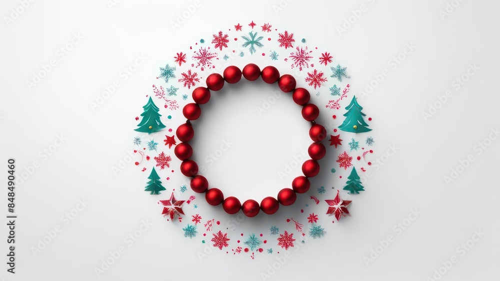 Christmas holiday composition. Festive creative pattern in shape of circle free space for an inscription, christmas colorful decor, festive balls and snowflakes on white background. Flat lay, top view Christmas holiday composition. Festive creative pattern in shape of circle free space for an inscription, christmas colorful decor, festive balls and snowflakes on white background. Flat lay, top view