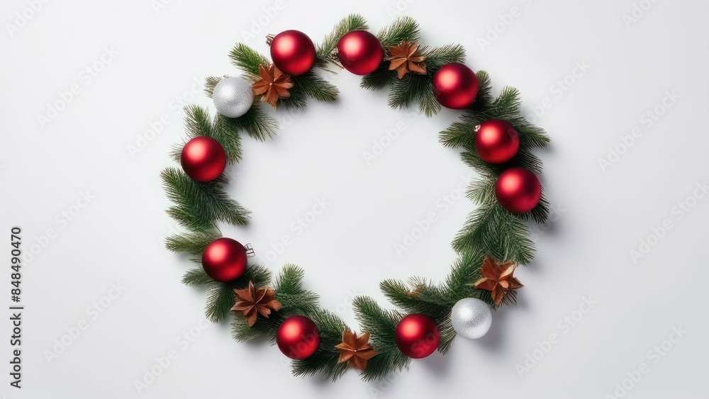 Christmas holiday composition. Festive creative pattern in shape of circle free space for an inscription, christmas colorful decor, festive balls and snowflakes on white background. Flat lay, top view Christmas holiday composition. Festive creative pattern in shape of circle free space for an inscription, christmas colorful decor, festive balls and snowflakes on white background. Flat lay, top view