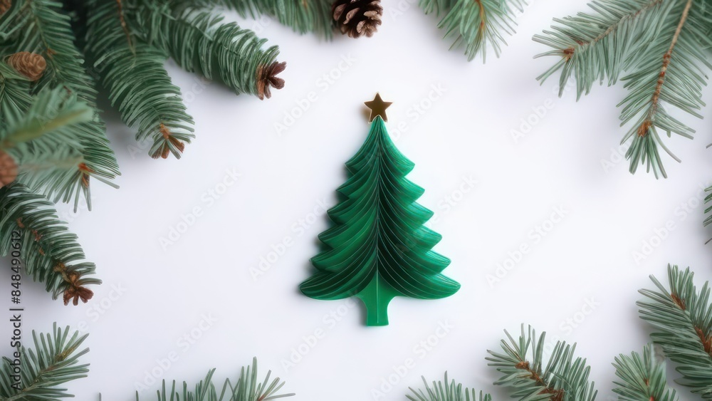 New year's composition. Artificial christmas tree gift and decorations on white background. Christmas winter, new year concept. Flat lay, top view, copy space New year's composition. Artificial christmas tree gift and decorations on white background. Christmas winter, new year concept. Flat lay, top view, copy space