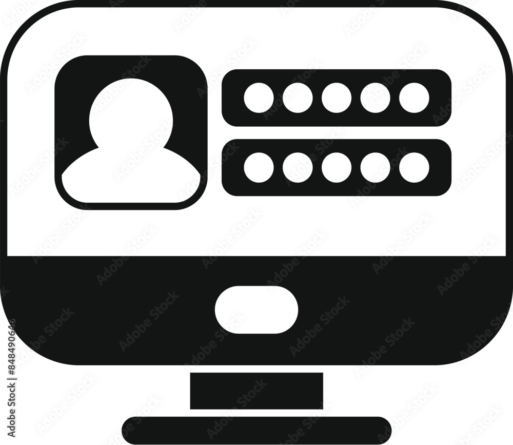 Simple icon of a computer screen displaying a user profile with a password login form Simple icon of a computer screen displaying a user profile with a password login form