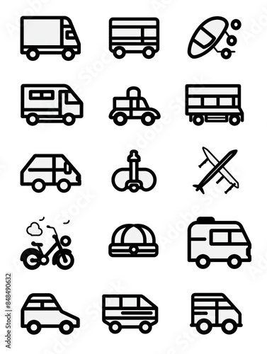 A set of black and white icons of various vehicles, including cars, buses