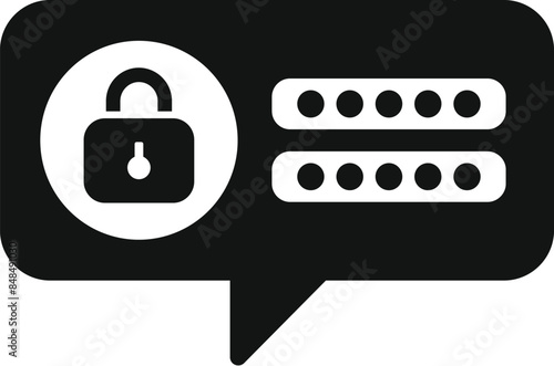 Black and white icon of a speech bubble showing a lock icon and password, representing private conversations and online security