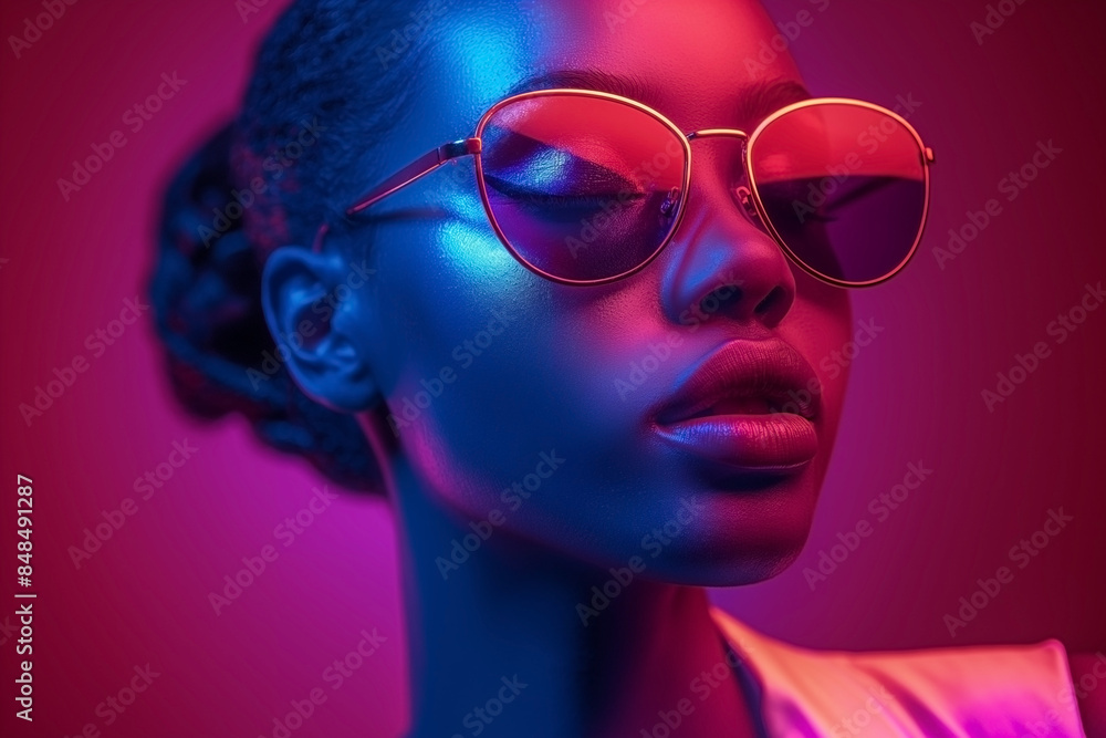 Neon-lit close-up of a woman with sunglasses, highlighting modernity and boldness, ideal for fashion and nightlife photography. Neon-lit close-up of a woman with sunglasses, highlighting modernity and boldness, ideal for fashion and nightlife photography.