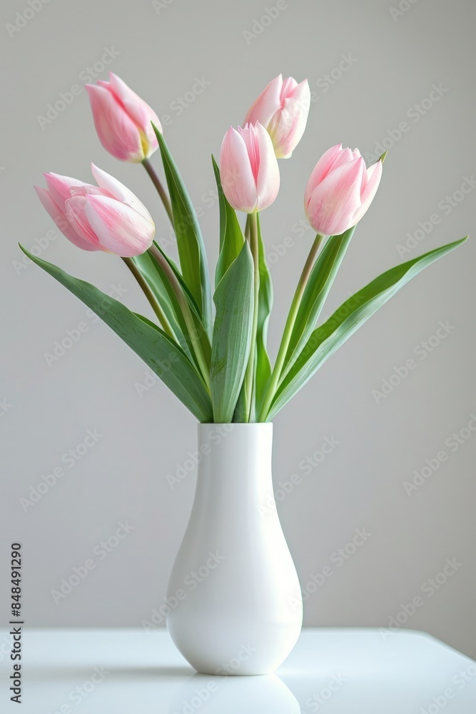 Photo of pink tulips in a white vase on a table, against a white background, in a minimalistic style, copy space for text, front view