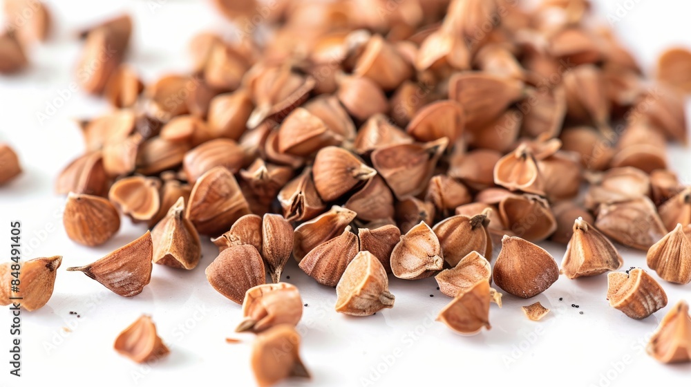 Buckwheat seeds close up on white background Buckwheat seeds close up on white background