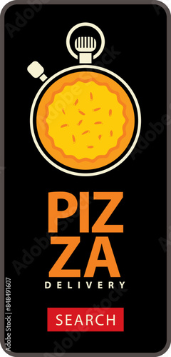 vector banner advertising pizza delivery with a drawing of a clock stopwatch with drawing pizza for a mobile phone interface. Suitable for websites of restaurants, pizzerias and bakeries