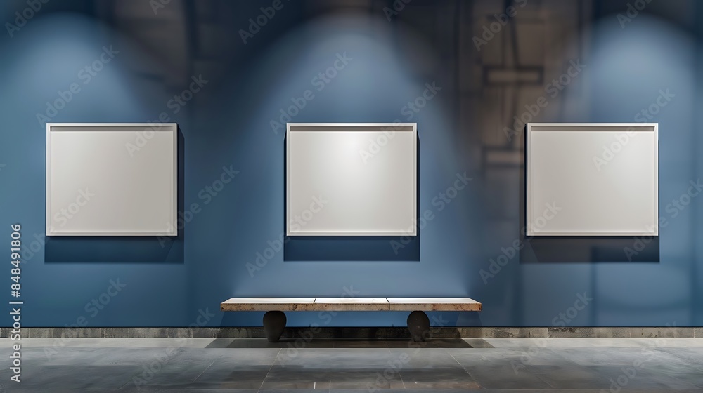 Triple white square frames on a smoky blue wall, dramatic museum spotlighting, with a low-profile ceramic bench.